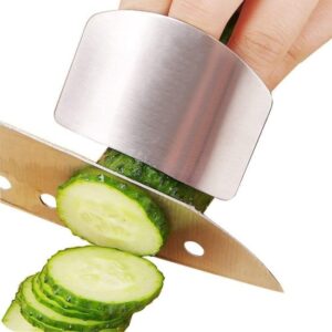 Stainless Steel Finger Guard Protector with adjustable finger sleeve, designed to protect fingers while chopping vegetables, fruits, and meat. Lightweight, rust-proof, and durable kitchen safety tool for precise and safe cutting."